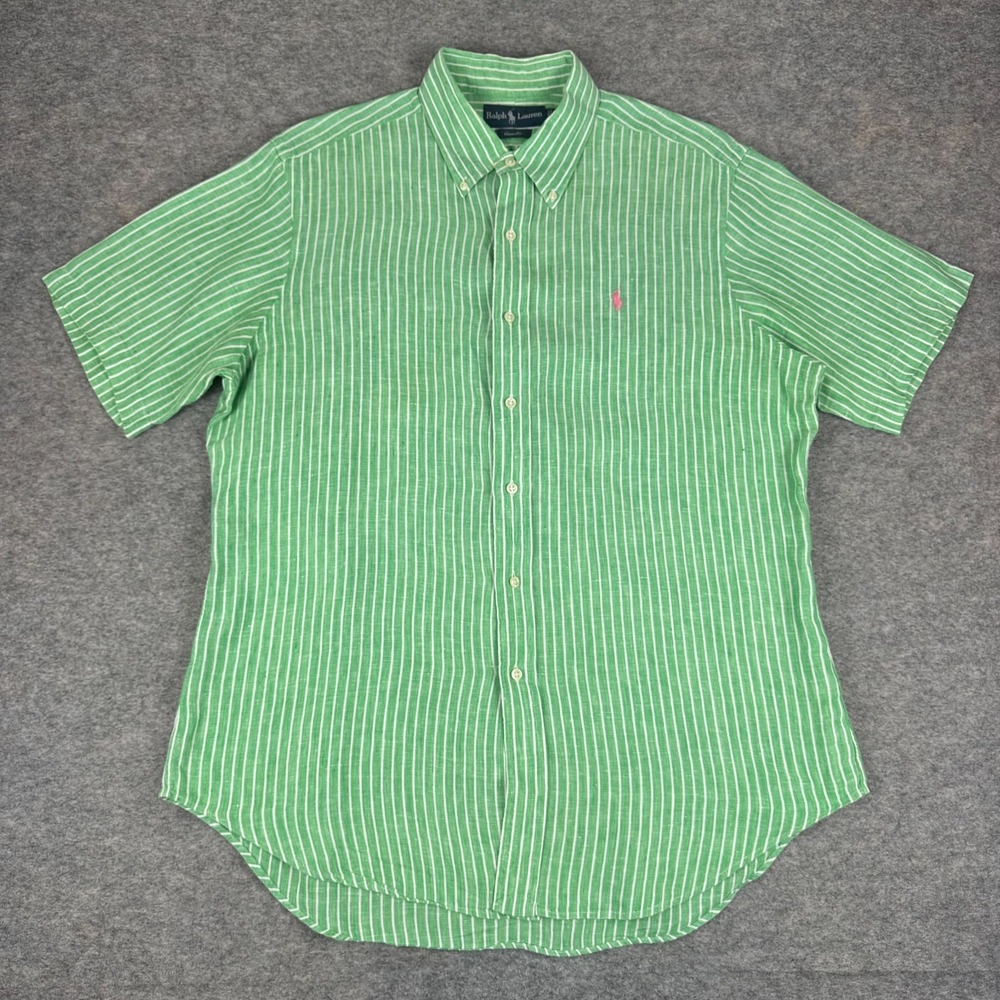 Ralph Lauren Button Down Shirt Classic Fit 100% Linen Striped Mens Large L